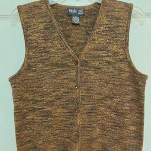 Tweedy Brown Knit Sweater Vest. Button, V-Neck, Sleeveless. Size. Petite/Small